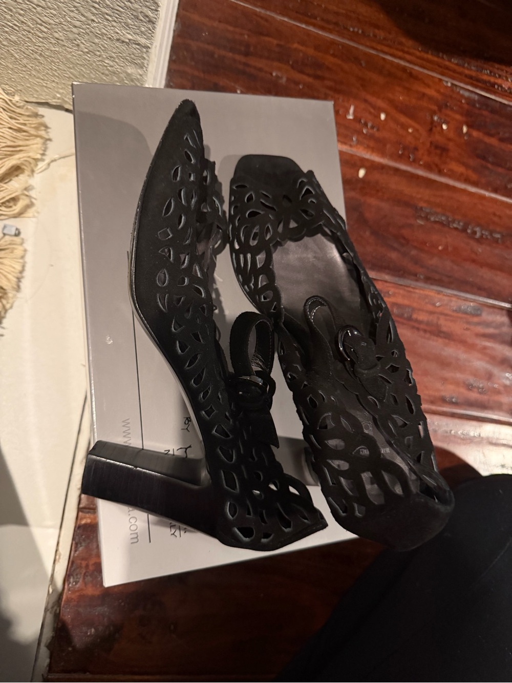 Aquatalia Black Laser-Cut Slingback Heels